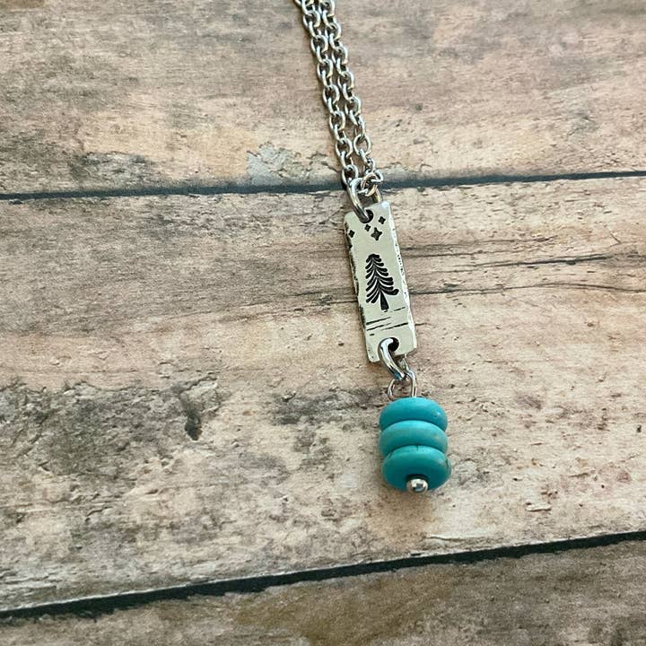 Pine tree with stars, Mini dangle necklace with blue beads for wholesale by Jamie Haley Designs