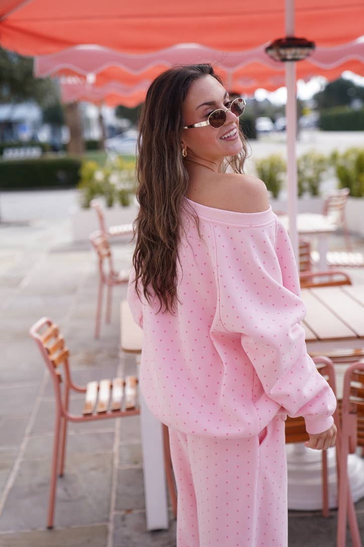 Sunkissed Coconut - Wholesale Sweatshirt - Women's - Light Pink Polka Dot Off The Shoulder Sweatshirt13