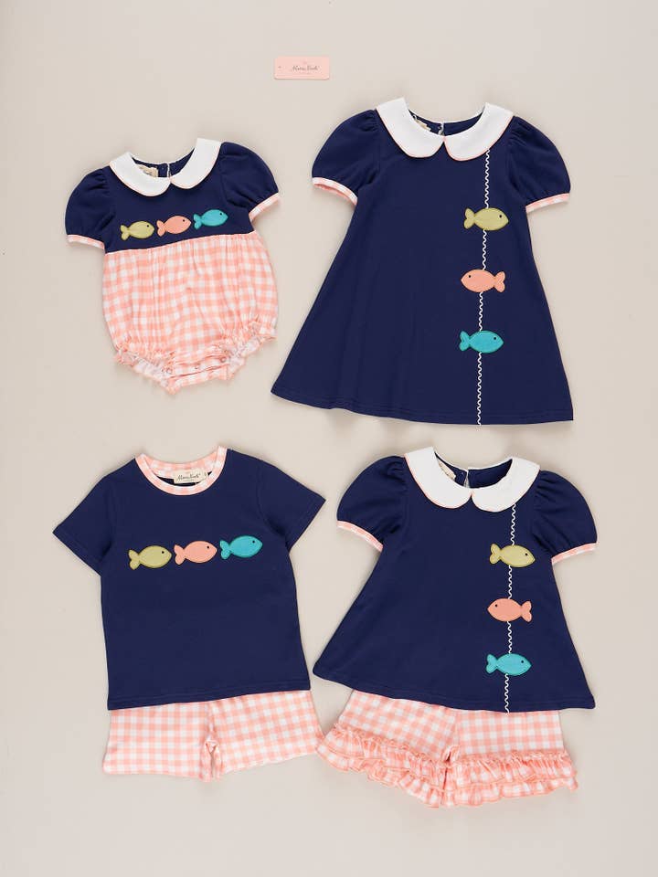 Marie Nicole Clothing - Wholesale Top & Short Set - Kids - Gingham Embroidered Fish Ruffle Outfit