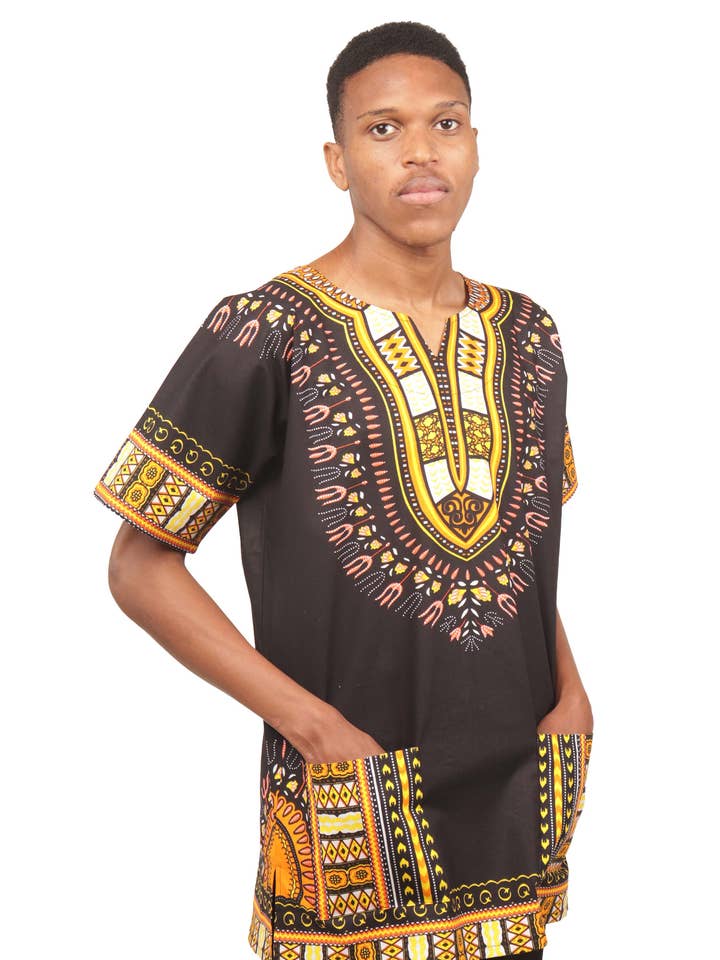 Top Unissexo Dashiki Africano Ankara Preto e Dourado com Bolsos por atacado de Satsuma Wholesale