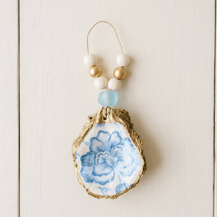 Decoupage Oyster Shell Ornament or napkin ring : Peony Bloom for wholesale by Grit and Grace Studio