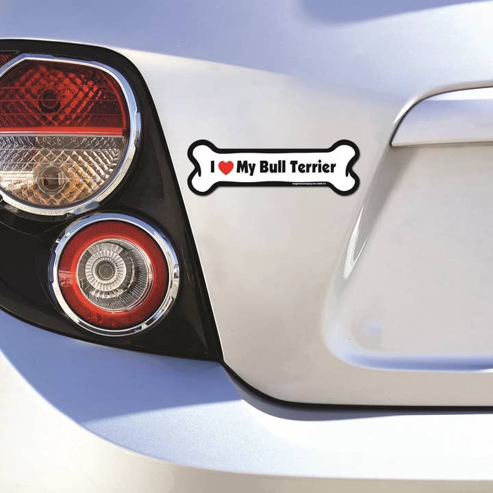Imagine This Company - Wholesale Magnet - I Love My Bull Terrier - Bone Car Magnet2