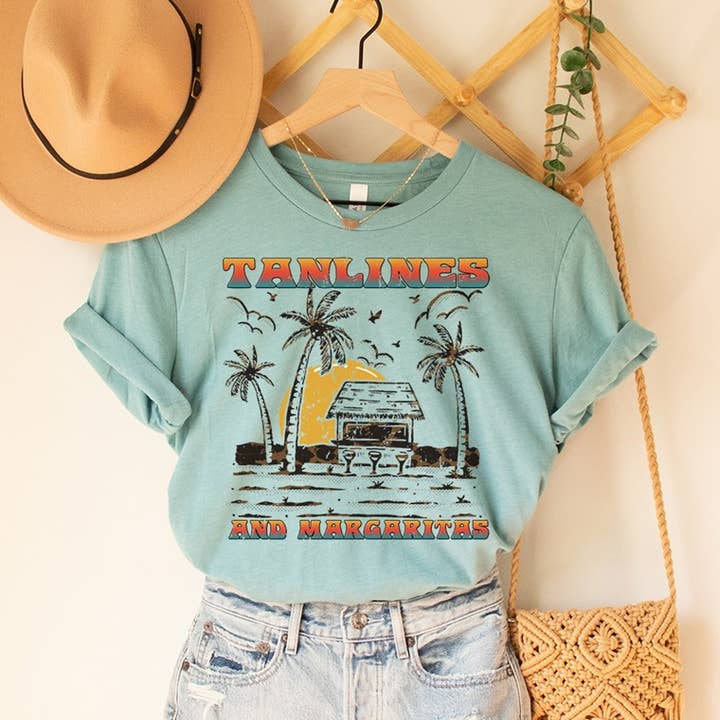 Tanlines & Margaritas Dusty Blue Tee for wholesale by Simply Tees