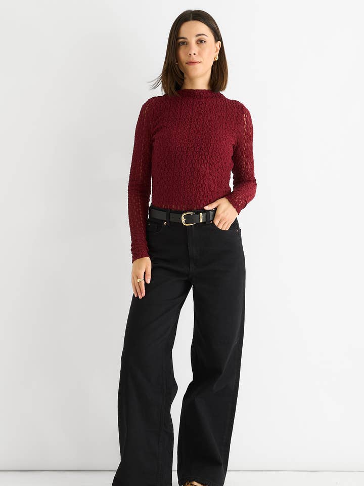 Burgundy High Neck Jersey Lace Long Sleeve Top for wholesale by GINI LONDON
