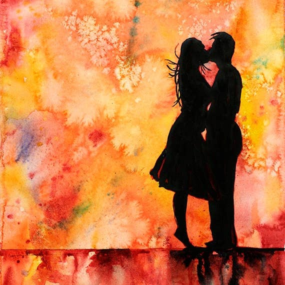 Silhouette of couple kissing, Valentines art, Romantic art, Romance artwork watercolor painting fine art print lovers artwork Valentines for wholesale by Ryan Fox Fine Art