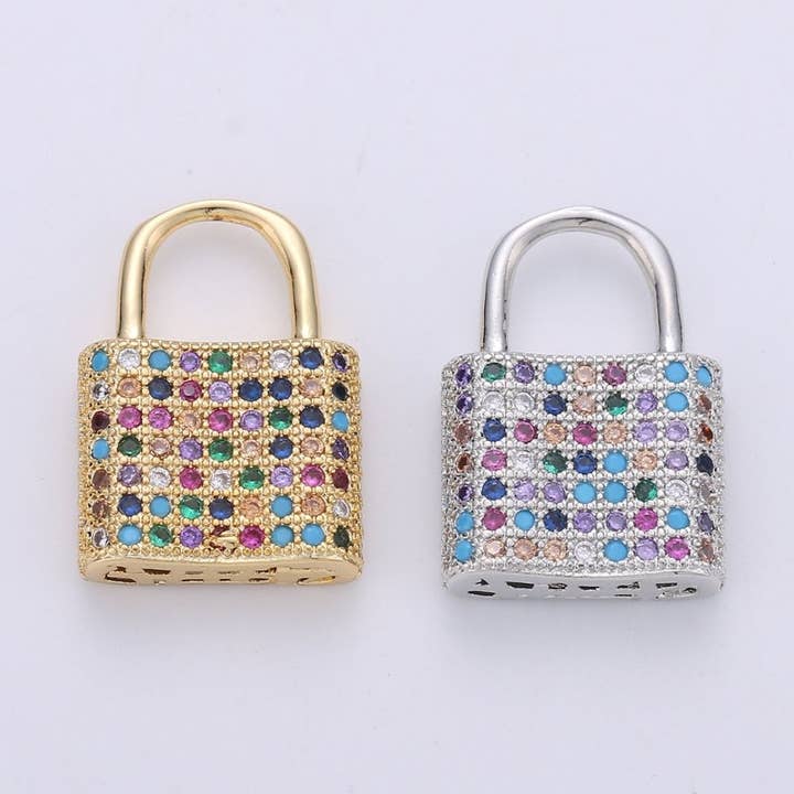 Aim Eternal - Wholesale Individual charm/pendant - 17x12mm Dainty Padlock Lock Charm 18k gold Filled Micro Pave Charm, Colorful Cubic Charm, Silver Lock, Gold Lock Charm for Necklace Earring, K-1524