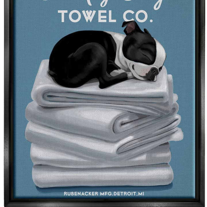 Serviette pour chien Sleepy Co. Salle de bain avec cadre flottant Boston Terrier pour la vente par Stupell Industries