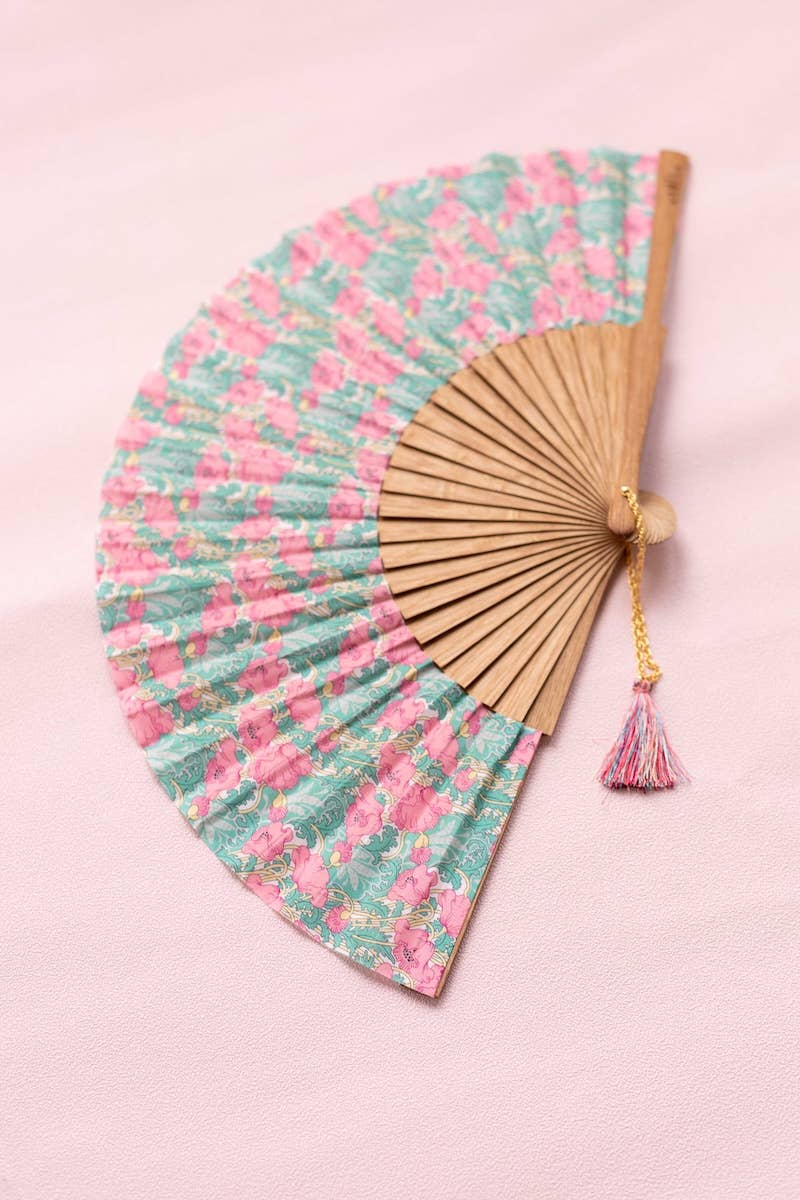 Kanela Fans - Vente Éventail - Éventail Poppy Mint en bois de limba avec tissu en coton imprimé1