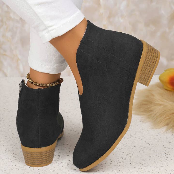 Serene Couture – Großhandel Stiefeletten – Damen – Herbst Winter Leopard Wurzel Stiefeletten Seitlicher Reißverschluss Runde Zehe V-Ausschnitt Wildleder Knöchelstiefel Damen