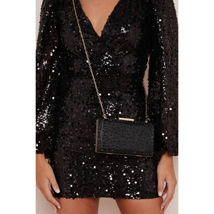 Aftershock London - Wholesale Clutch Bag - Women's - Black Glitter Evening Clutch Bag