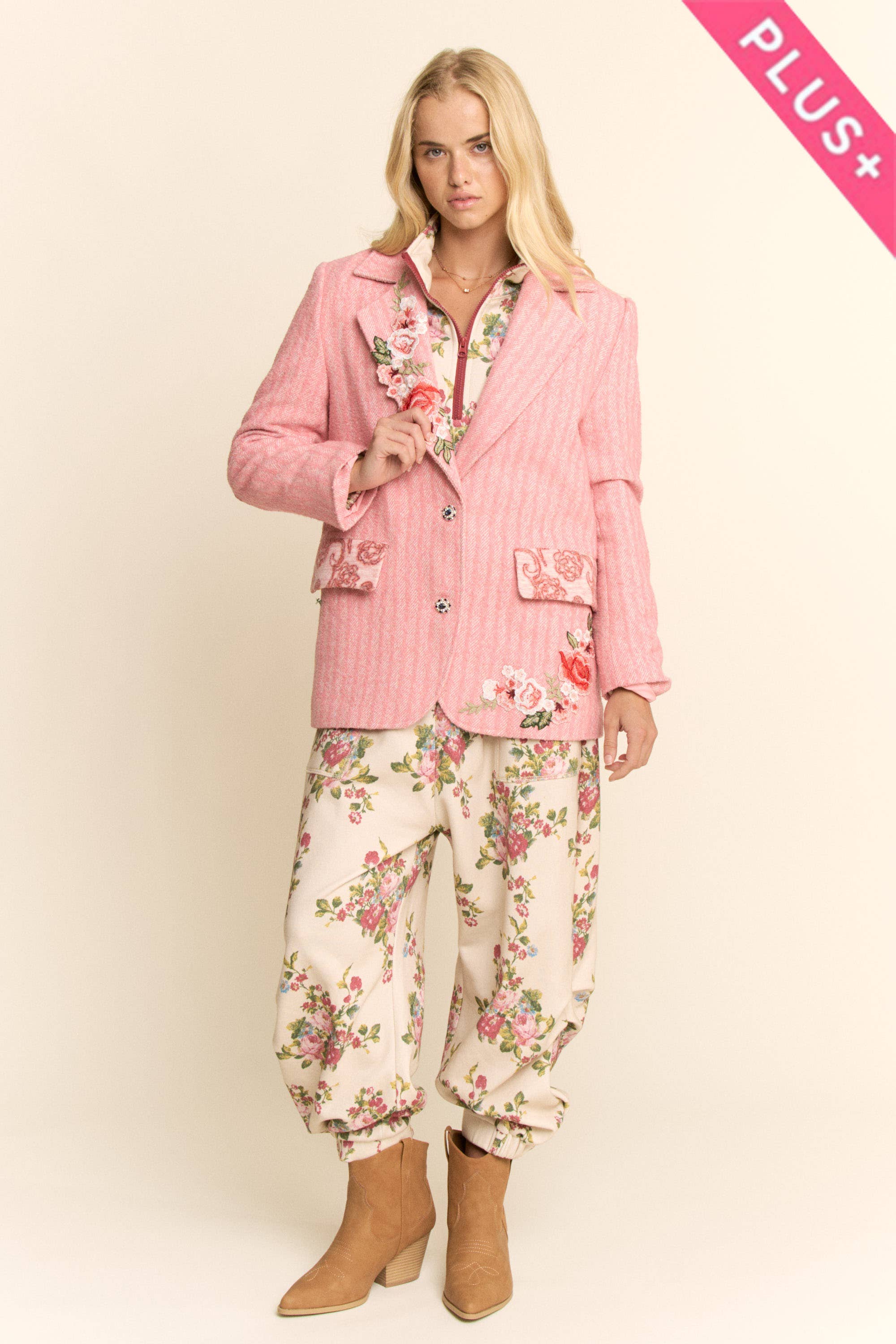 Pink PLUS HARRINGBONE EMBROIDERED EMBROIDERED JAKCET for wholesale on Faire6