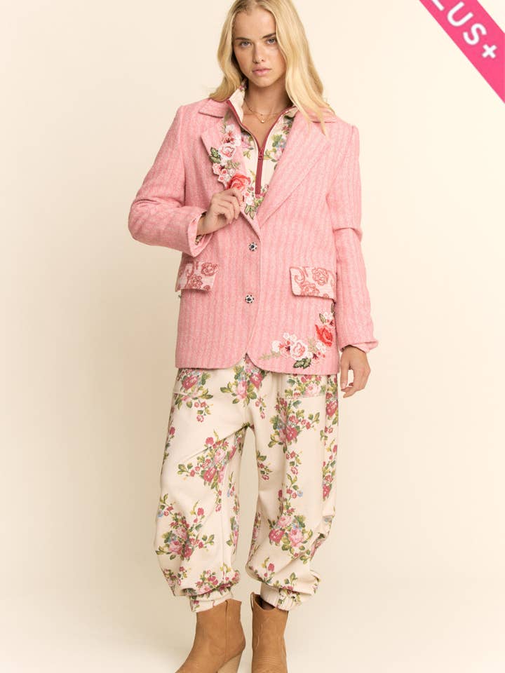 Pink PLUS HARRINGBONE EMBROIDERED EMBROIDERED JAKCET for wholesale on Faire6