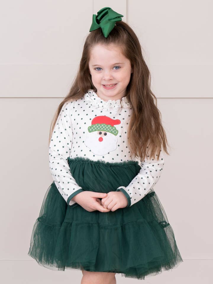 Marie Nicole Clothing - Wholesale Dress - Kids - Green Embroidered Santa Tulle Dress1
