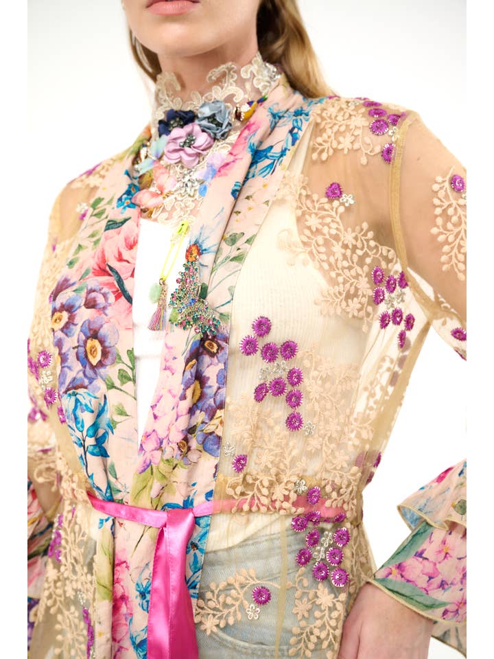 Antique Floral Miss September Embellished Mesh Kimono / Topper for wholesale on Faire9