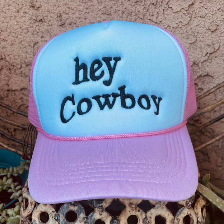 Hey Cowboy Embroidered Pink Trucker Hat for wholesale by Free Spirit