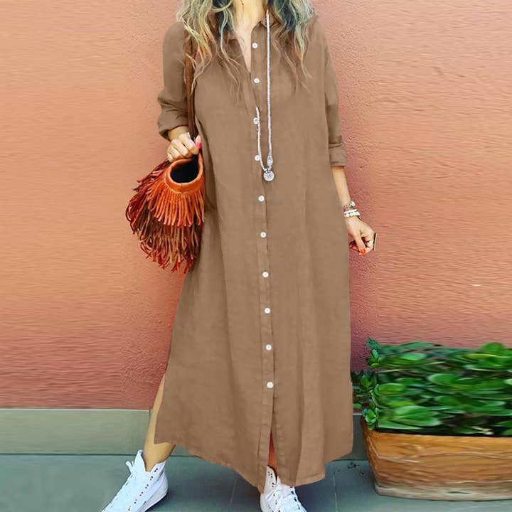 Rosa Clothing - Wholesale Dress - Women's - plain button down long sleeve v-neck shirt dress