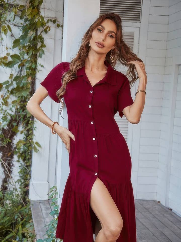 V-hals korte jurk effen midi-jurk voor wholesale door CC Wholesale Clothing