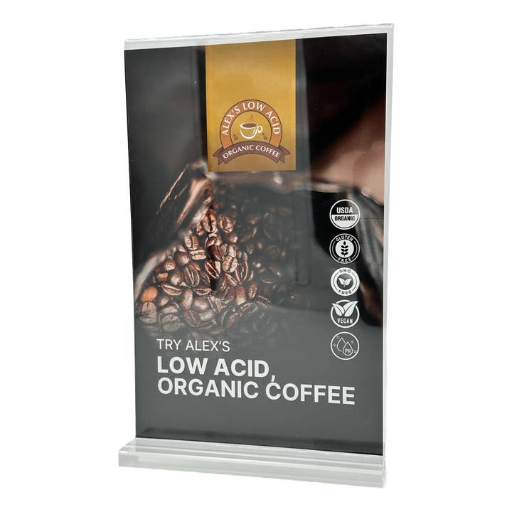 Alex's Low-Acid Coffee™ - Coffee Counter Card Acrylic Holder for wholesale by Alex's Low-Acid Organic Coffee