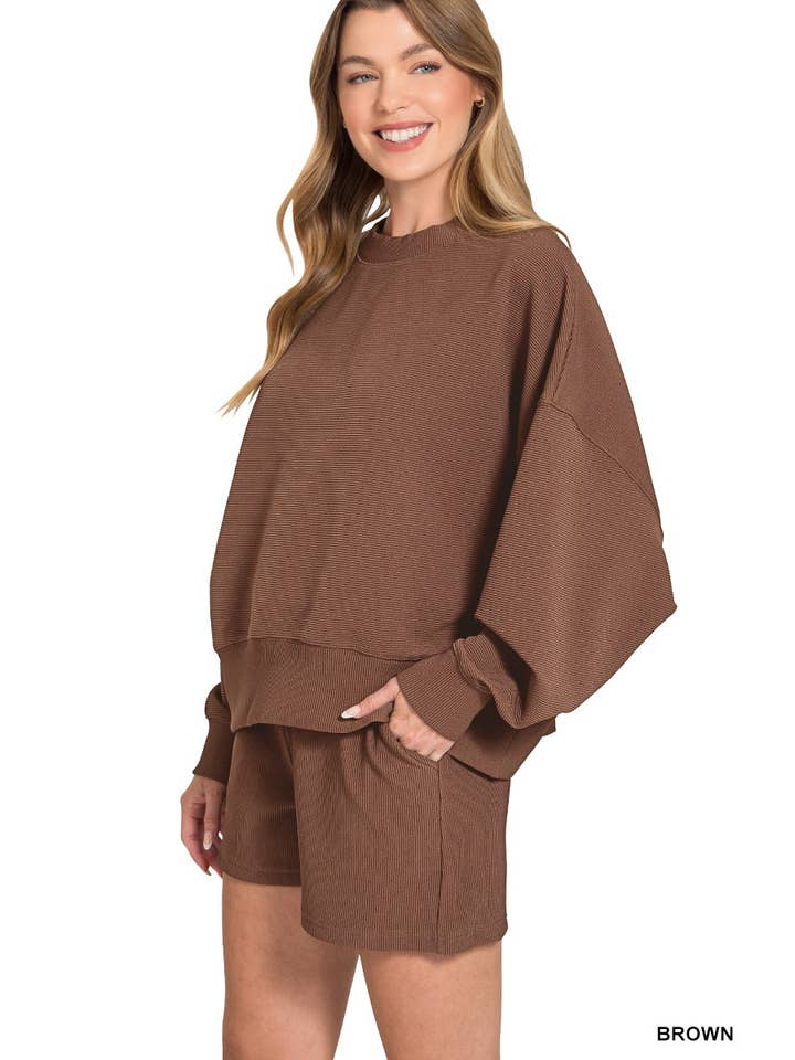 Ribbet pullover med rund hals og shorts sæt for engroshandel hos ITSSY