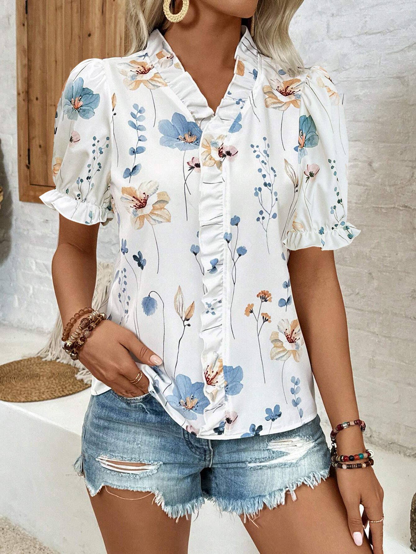 White Ruffled V-Neck Floral Printed Puff Sleeve Blouse GSS127 for wholesale on Faire1