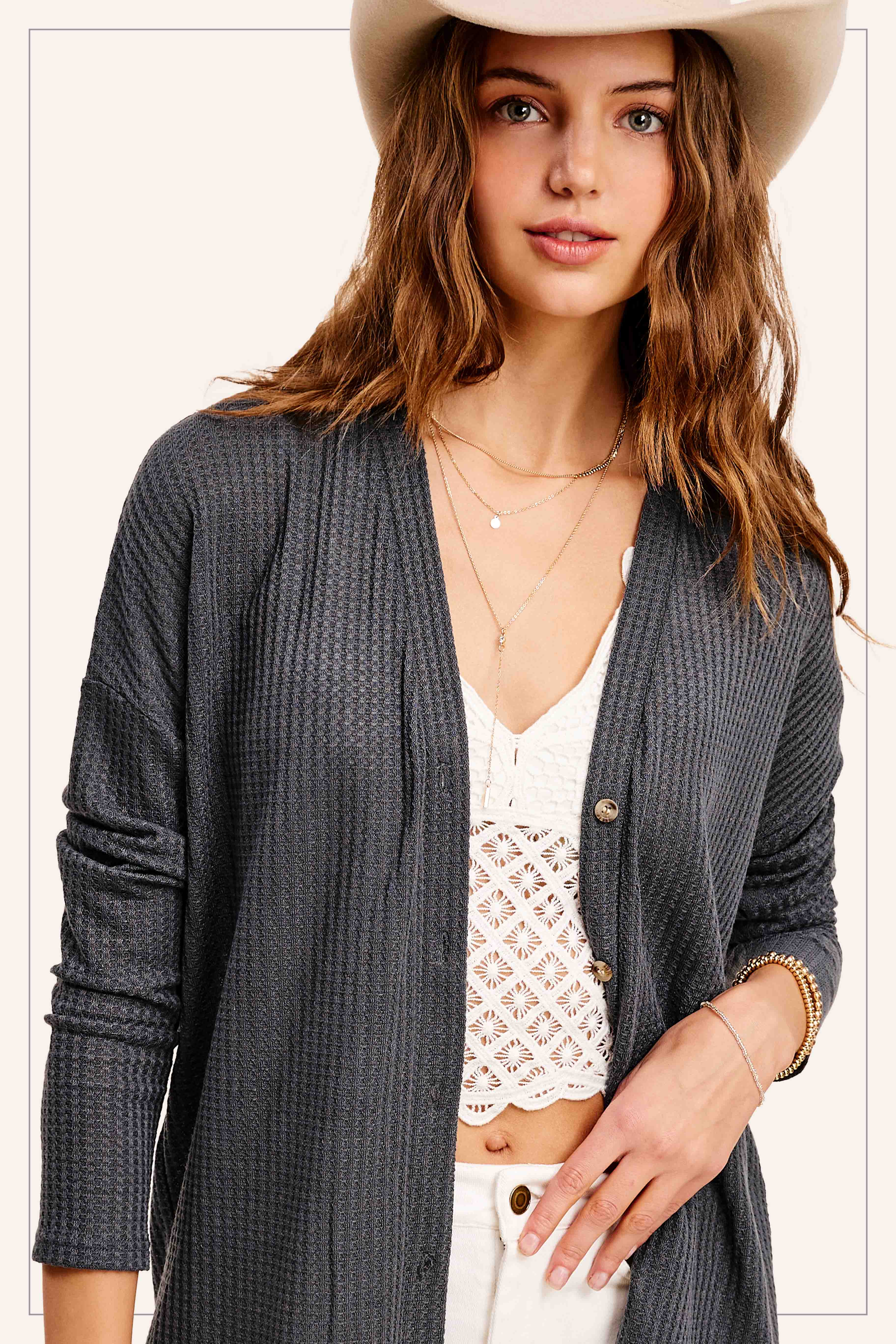 La Miel - Wholesale Cardigan - Women's - HBC2175-Soft Waffle Fabric Button Down Long Sleeve Cardigan13