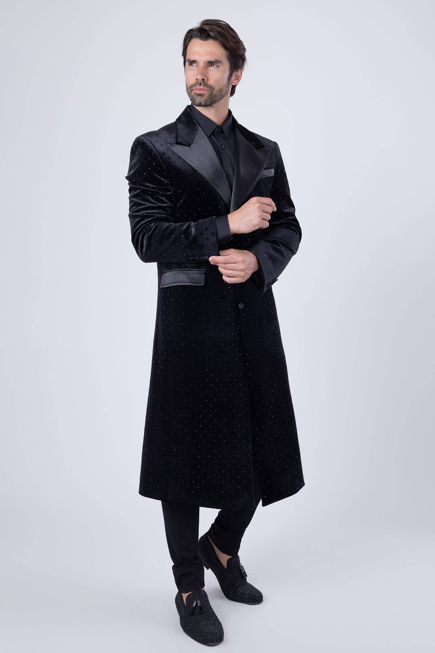 BARABAS - Wholesale Coat - Men's - Men's Rhinestone Velvet Peak Lapel Long Coat 4LBL4910