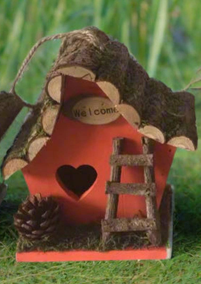 Marissa's Gifts - Wholesale Bird House - Handmade wooden coloured birdhouse hut with adorable heart shaped bird hole and ladder. The measurements are 17 x 11.5 x 17cm2