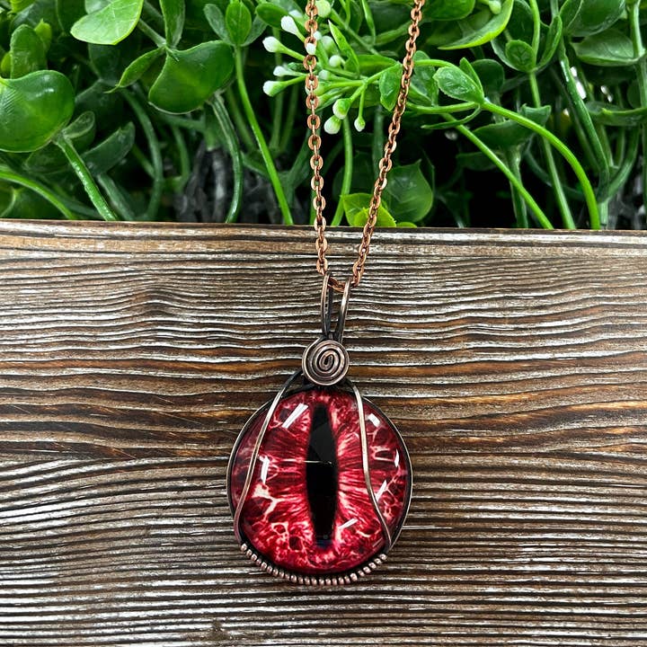 Handmade by Marlayna - Wholesale Pendant/Charm Necklace - Wire Wrapped Red Dragon Eye Glass Cabochon Pendant