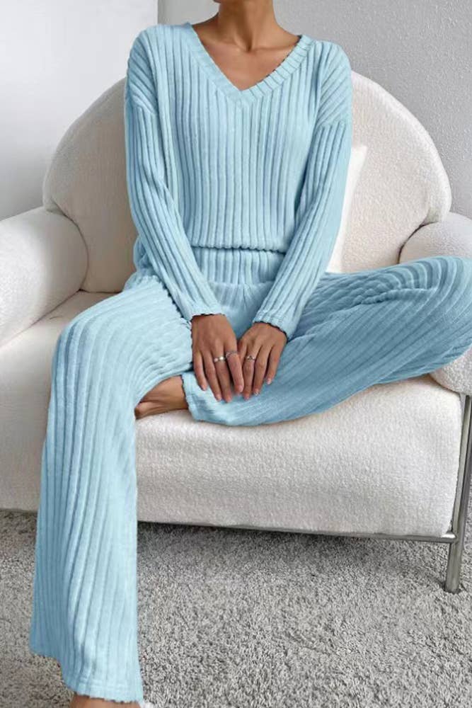 UNISHE - Wholesale Lounge Set - Women's - Plain V Neck Rib Long Sleeves Top With Pants 2pcs Set ZK5609