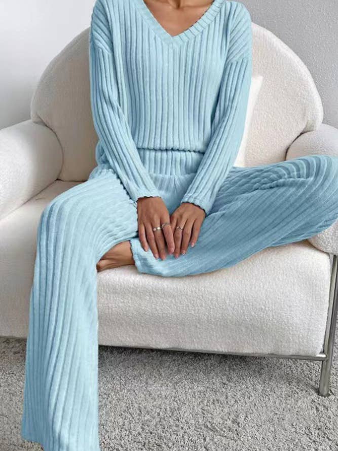 UNISHE - Wholesale Lounge Set - Women's - Plain V Neck Rib Long Sleeves Top With Pants 2pcs Set ZK5609