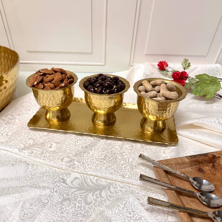 India Handicrafts Inc - Wholesale Serving Tray - Gold Aluminum Serving Tray & Pedestal Bowls, Set of 43