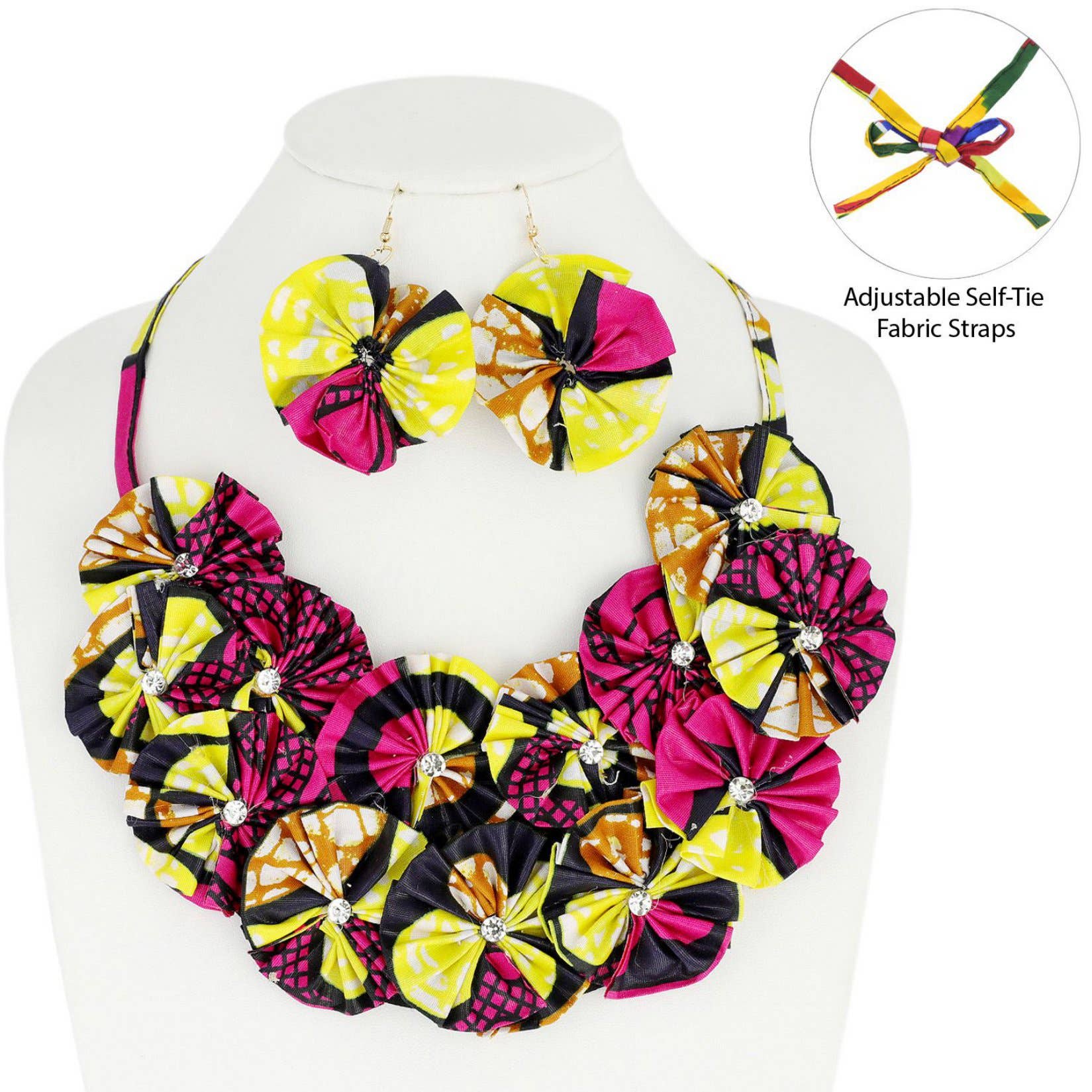 SP Sophia Collection - Wholesale Jewelry Set - African Print Fabric Flower Bib Necklace & Earring Set3