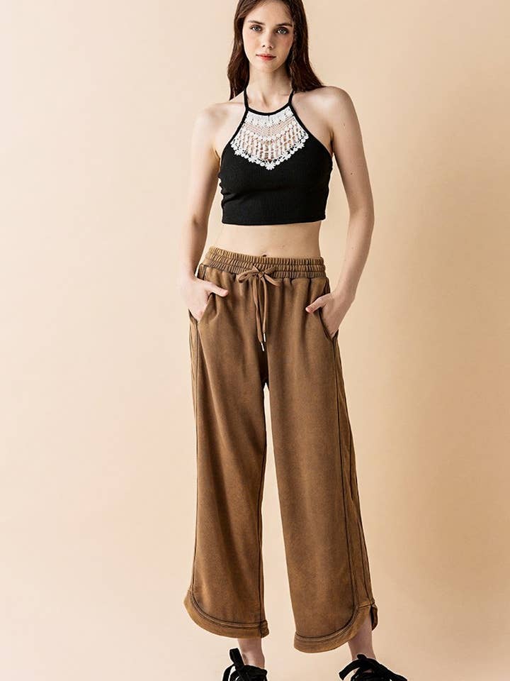 noflik - Wholesale Pants - Women's - Dolphin Tail Wide Leg Mineral Washed Pants - INP1023_5