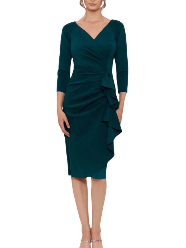 XScape Allie V-Neckline 3/4 Sleeves Back Zipper Side Ruffle Sheath Midi Dress for wholesale by Immediate Apparel