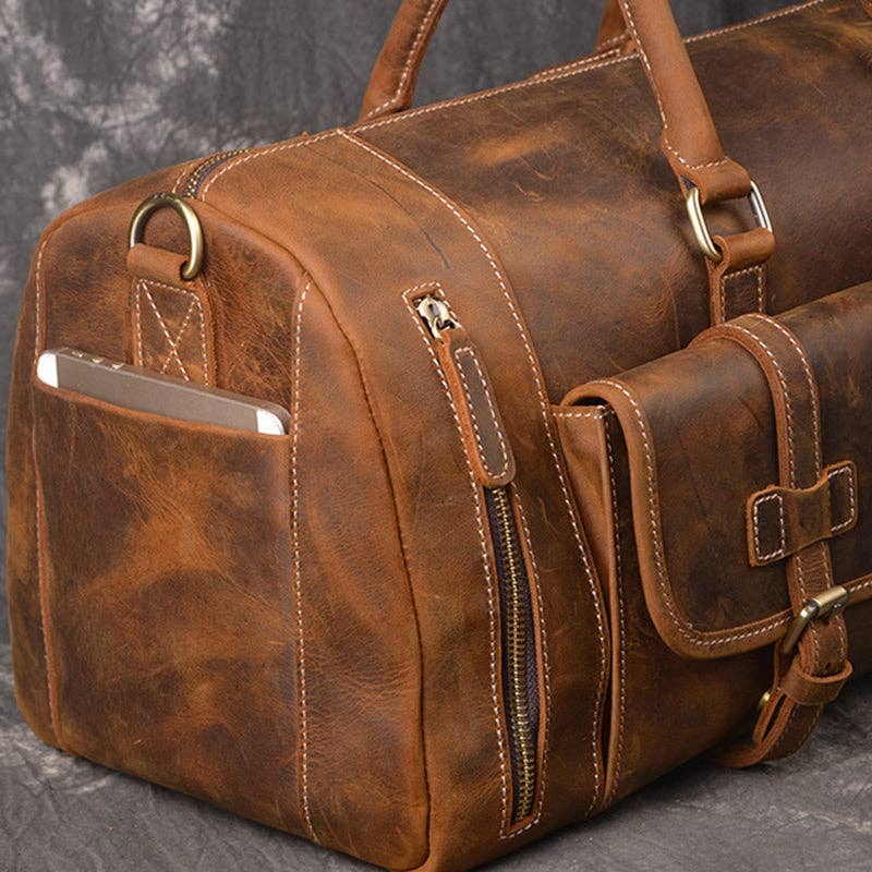 RockCow Leather Studio - Wholesale Weekender Bag - Men's - Vintage Leather Weekend Bag with Shoes Compartment, Crazy Horse Leather Duffle Bag, Large Travel Bag3