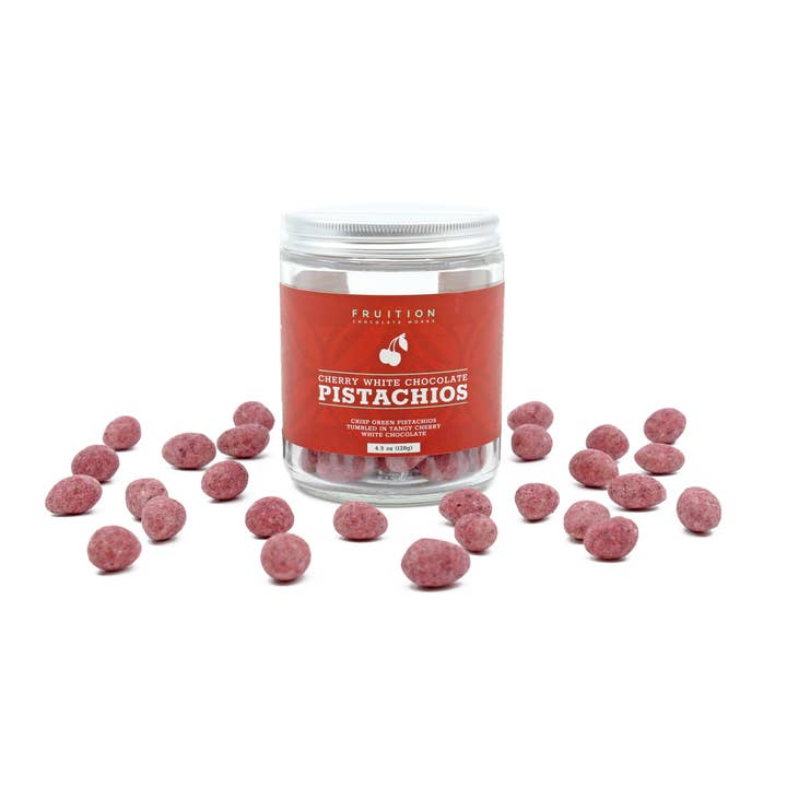 Cherry White Chocolate Coated Pistachios for wholesale by Fruition Chocolate Works