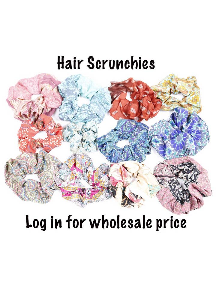 Assorted Rayon Hippie Hair Scrunchies for wholesale by Sunshine Joy