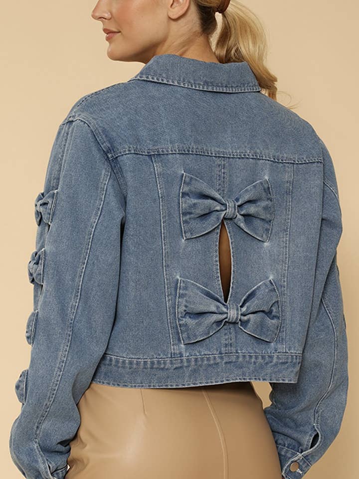 Blå Cropped denimjakke med sløjfedetaljer for engroshandel på Faire0