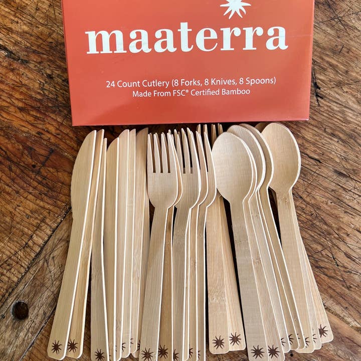 maaterra - Wholesale Assorted Cutlery Set - Compostable Bamboo Cutlery Set | 8 Forks, 8 Knives, 8 Spoons3