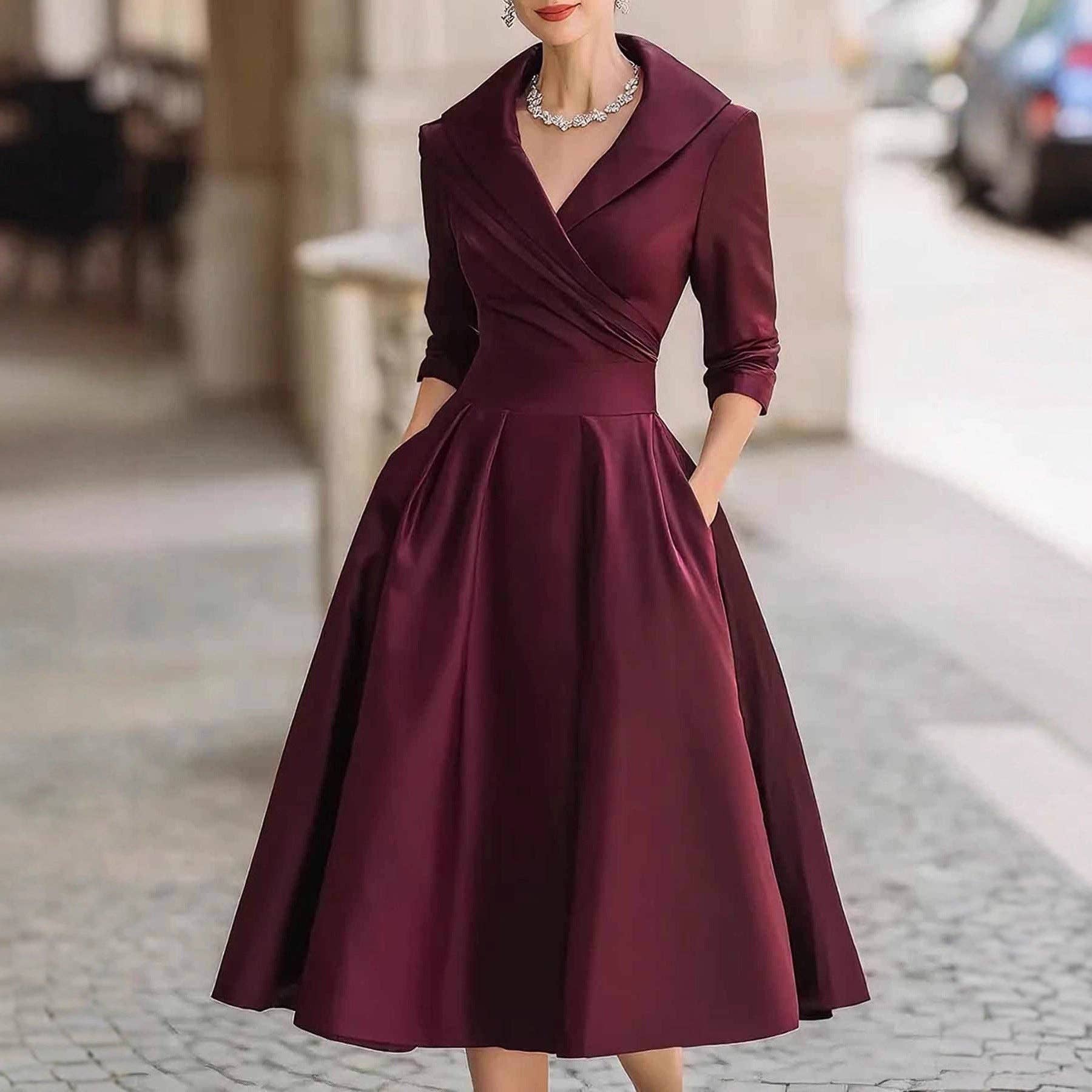 EmberLoom - Wholesale Dress - Women's - Women's Belted Satin V Neck Long Sleeve Midi Dress0