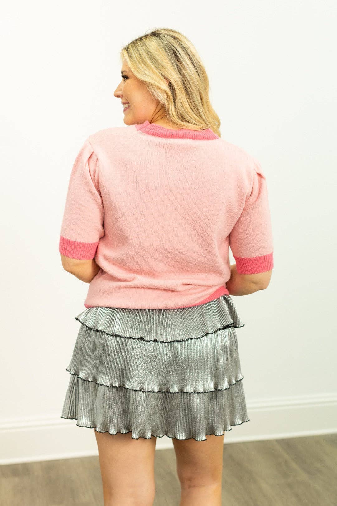 Pink Glitter Trees on Puff Sleeve Knit Top for wholesale on Faire3