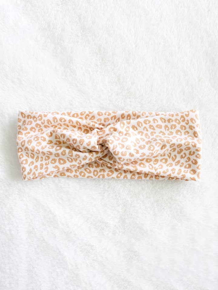 Tan Cheetah Print Twist Turban Headband for wholesale by TesMade Creations
