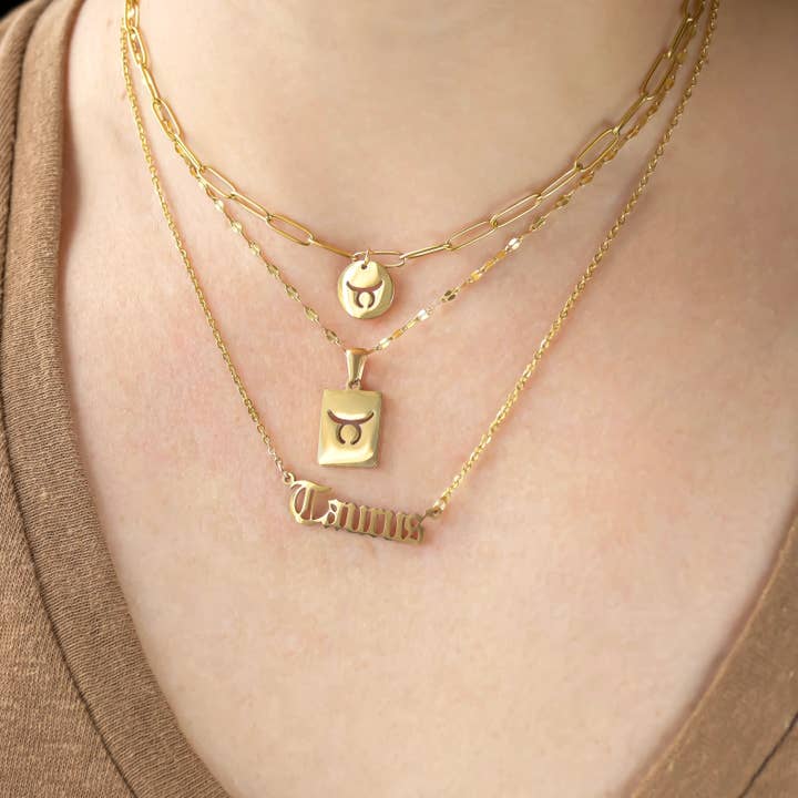 Gold Zodiac Necklace - Coin Tag and Zodiac Word Necklace for wholesale by Blueyejewelry