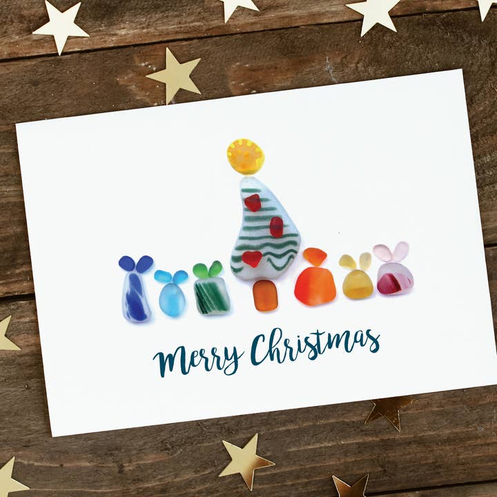 Etched by the Sea, Inc. – wholesale Christmas card – Sea Glass Christmas Tree with Gifts Holiday Card