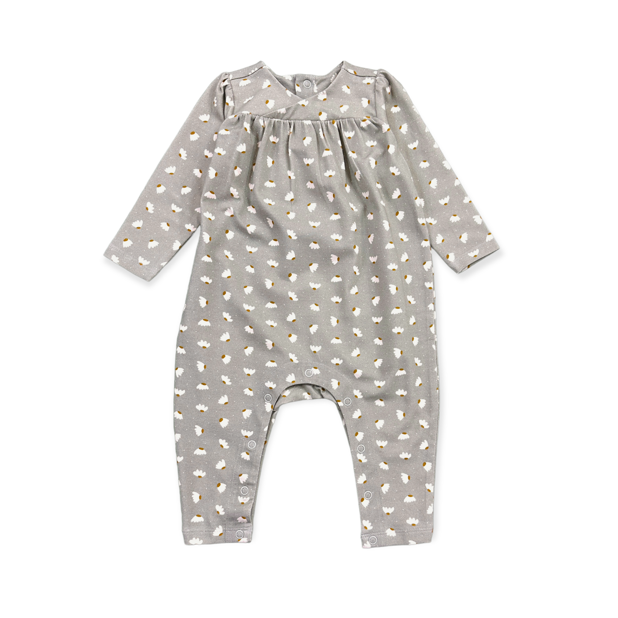 Grey Floral Wrap Neck Baby Jumpsuit (Organic Cotton) for wholesale on Faire0