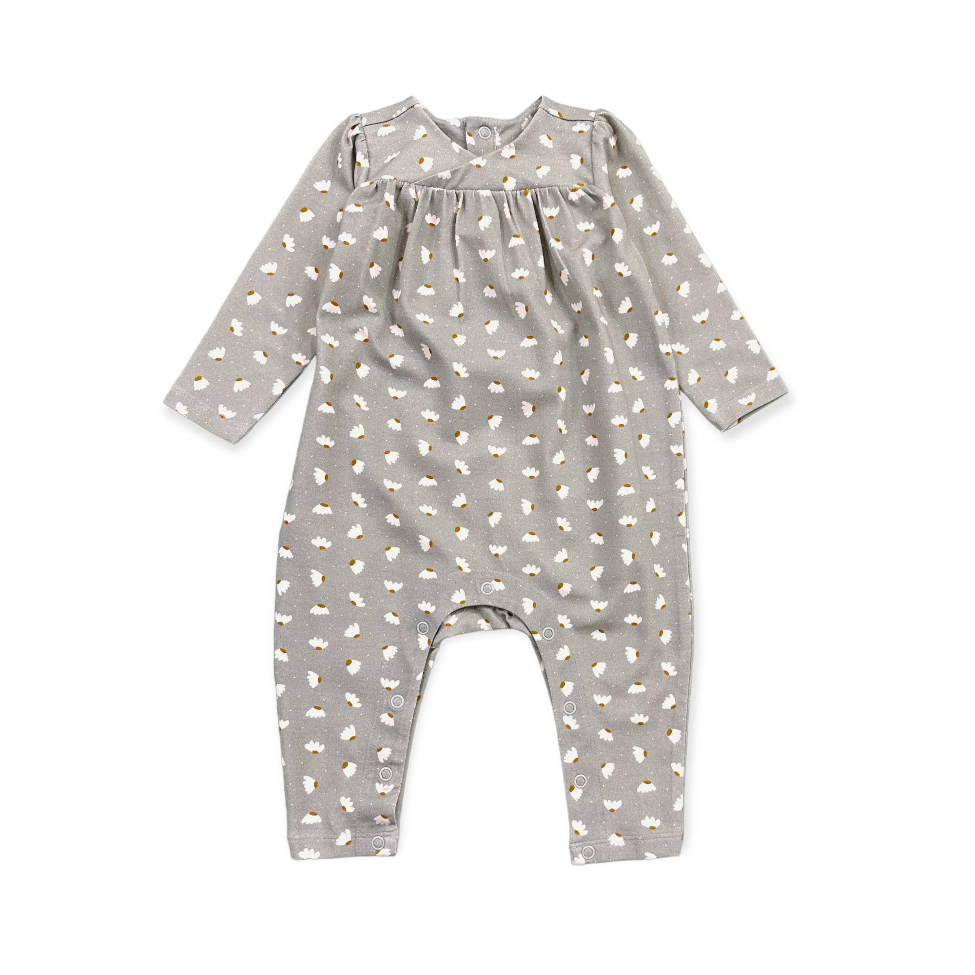 Grey Floral Wrap Neck Baby Jumpsuit (Organic Cotton) for wholesale on Faire