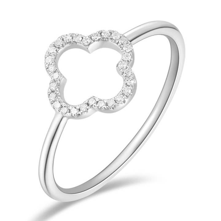 Anel Trevo com Diamantes, Ouro Branco 18K por atacado de Leaf Jewelry