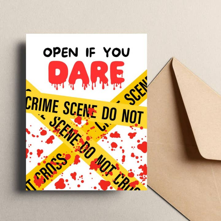 Open If You Dare Police Tape Halloween Greeting Card for wholesale by Feira Pop