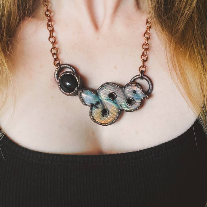 "Eve" - Orange and Pink Labradorite Serpent and Rainbow Obsidian Electroformed Copper Necklace for wholesale by Copper Bug Jewelry
