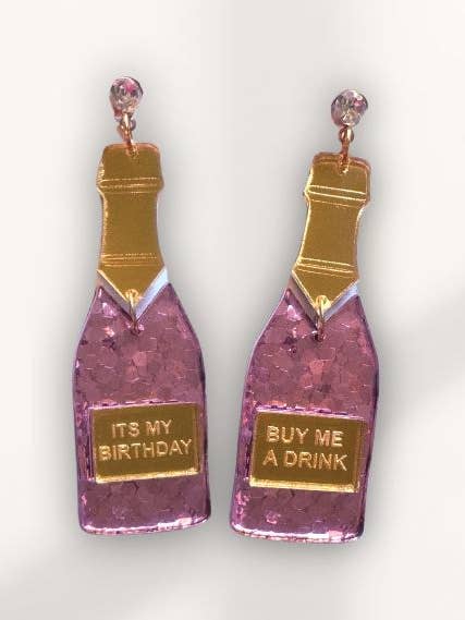 Acrylic Pink Glitter Birthday Champagne Bride Drunk Earrings for wholesale by Louie Love